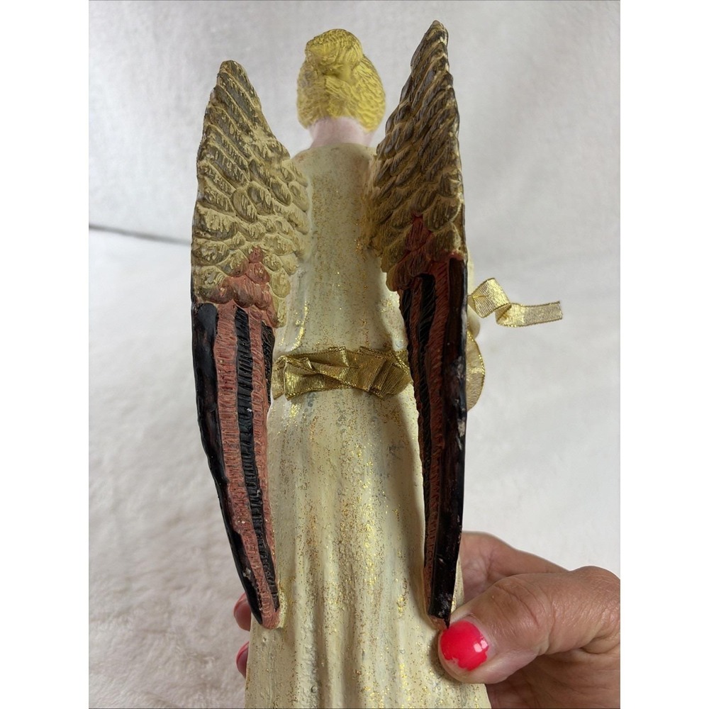 Vintage 90s Christmas Angel Figurine Playing Horn Gold & Cream Decor Solid Resin - Picture 7 of 10